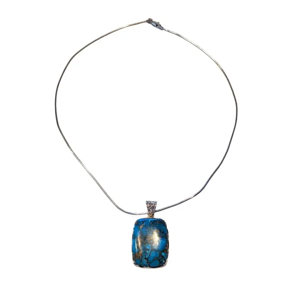 VTG 925 Sterling Silver Copper Turquoise Pendant on Sterling 18" Cable Wire - Picture 3 of 9